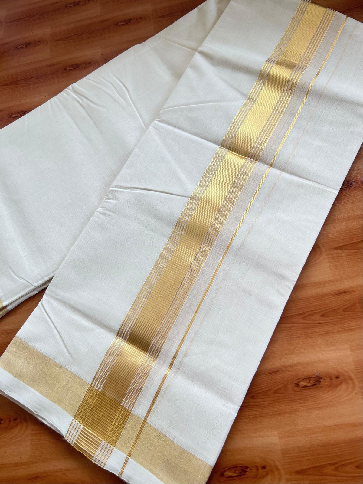 Off White (Unbleached) Double Mundu/Dhoti - 25% Discount! KaithariKada Handloom Millpaav - Kerala Handloom - 100% Pure Cotton - 80x90 - 2 inch Gold Kasav striped Kara 4 Meters (8.5 Muzham) - 36 KK5508 RAM