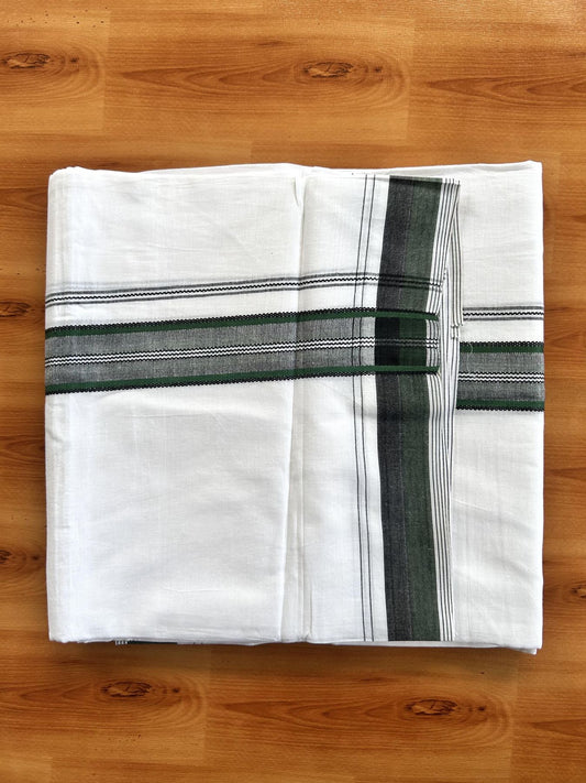 Double Pure white Mundu/Dhoti- 20% Discount! KaithariKada Balaramapuram 100% Cotton  - 100X80 - 1.25 inch Light Green & Black Shaded Design Striped kara - 3.90 mtr (8 muzham) - 12 KK5444 VIN