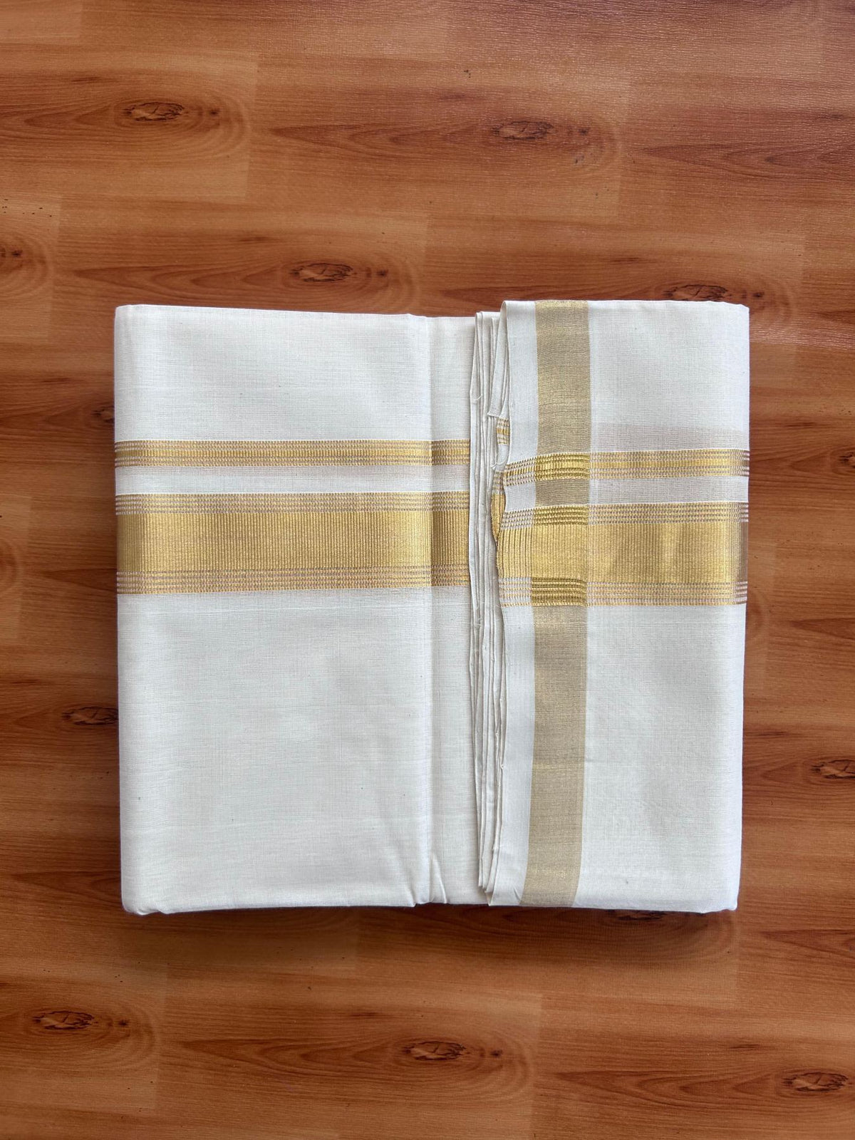 Off White (Unbleached) Double Mundu/Dhoti - 25% Discount! KaithariKada Handloom Millpaav - Kerala Handloom - 100% Pure Cotton - 80x90 - 1.75 inch Gold Kasav striped Kara 4 Meters (8.5 Muzham) - 37 KK5508 RAM