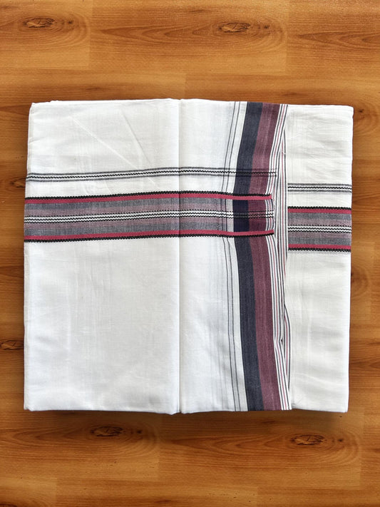 Double Pure white Mundu/Dhoti- 20% Discount! KaithariKada Balaramapuram 100% Cotton  - 100X80 - 1.25 inch Pinkish Magenta & Black Shaded Design Striped kara - 3.90 mtr (8 muzham) - 19 KK5444 VIN