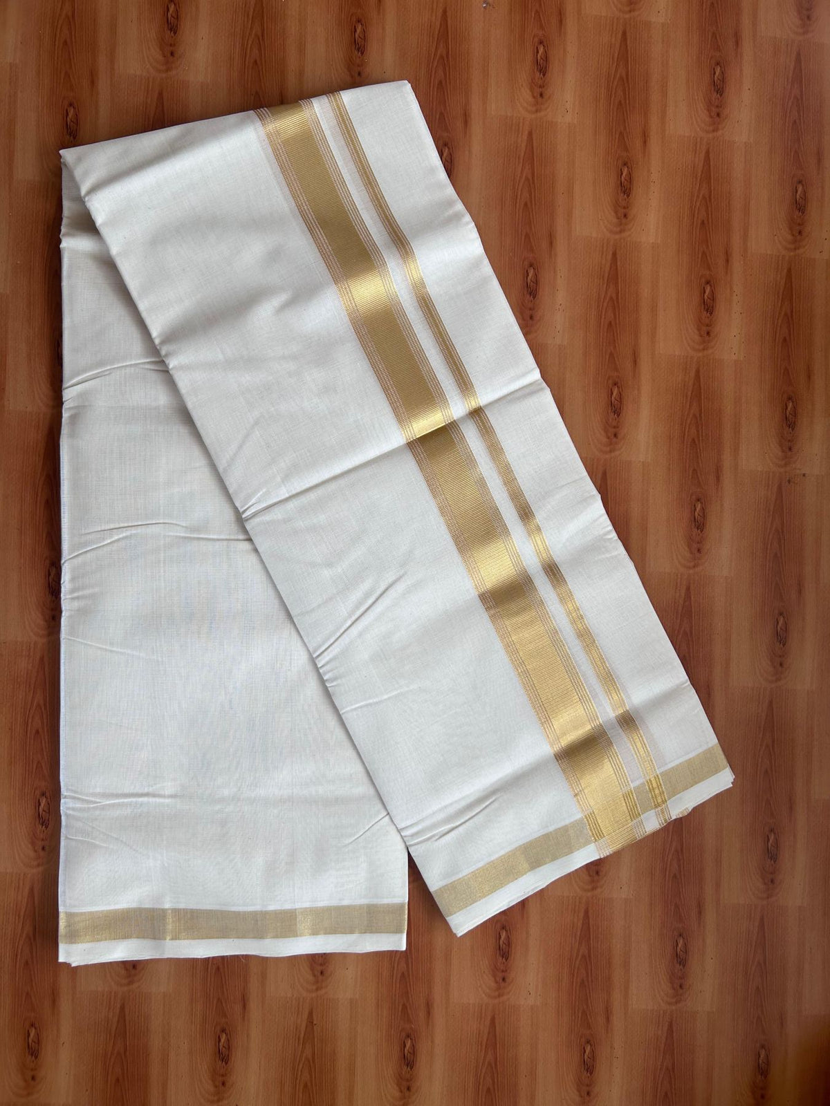 Off White (Unbleached) Double Mundu/Dhoti - 25% Discount! KaithariKada Handloom Millpaav - Kerala Handloom - 100% Pure Cotton - 80x90 - 1.75 inch Gold Kasav striped Kara 4 Meters (8.5 Muzham) - 37 KK5508 RAM