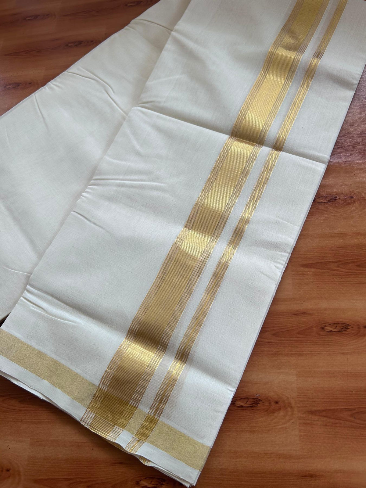 Off White (Unbleached) Double Mundu/Dhoti - 25% Discount! KaithariKada Handloom Millpaav - Kerala Handloom - 100% Pure Cotton - 80x90 - 1.75 inch Gold Kasav striped Kara 4 Meters (8.5 Muzham) - 37 KK5508 RAM