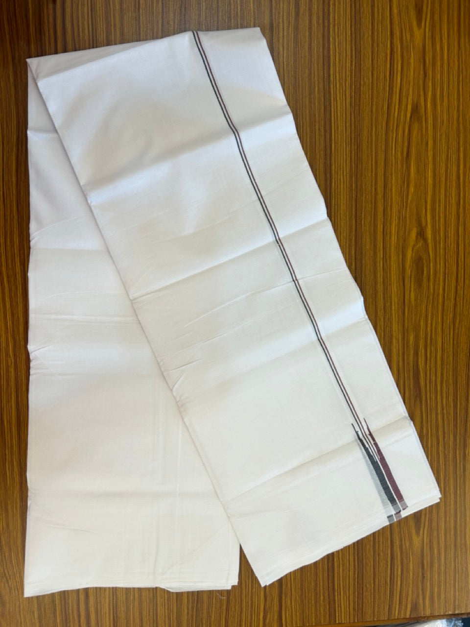 ADMK VESTHI 20% DISCOUNT ! KaithariKada Balaramapuram 100% Cotton Pure White Double Mundu/Dhoti- 100X100- 0.5 Inch  Puliyilakkara Maroon & Black Chutty Kara - 16 KK5297 ASH