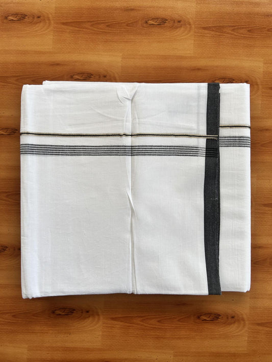 Double Pure white Mundu/Dhoti-  20% Discount ! KaithariKada Balaramapuram Pure Cotton - 100x80 - 0.5 inch Silver Kasav & Black Shaded striped Kara - 3.90 m (8 muzham) - 33 KK5444 VIN