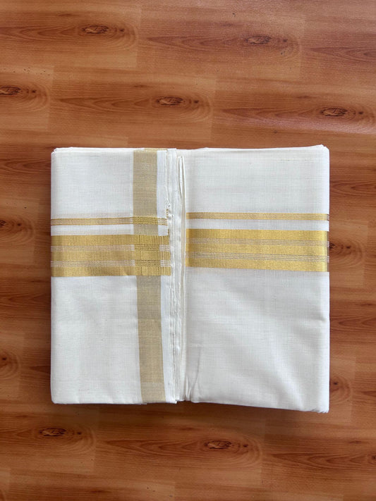 Off White (Unbleached) Double Mundu/Dhoti - 25% Discount! KaithariKada Handloom Millpaav - Kerala Handloom - 100% Pure Cotton - 80x90 - 1.5 inch Gold Kasav striped Kara 4 Meters (8.5 Muzham) - 38 KK5508 RAM