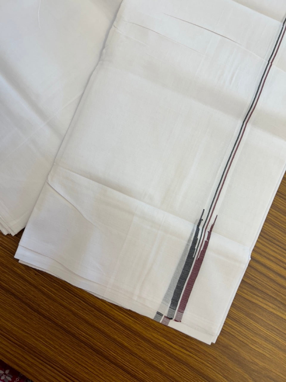 ADMK VESTHI 20% DISCOUNT ! KaithariKada Balaramapuram 100% Cotton Pure White Double Mundu/Dhoti- 100X100- 0.5 Inch  Puliyilakkara Maroon & Black Chutty Kara - 16 KK5297 ASH