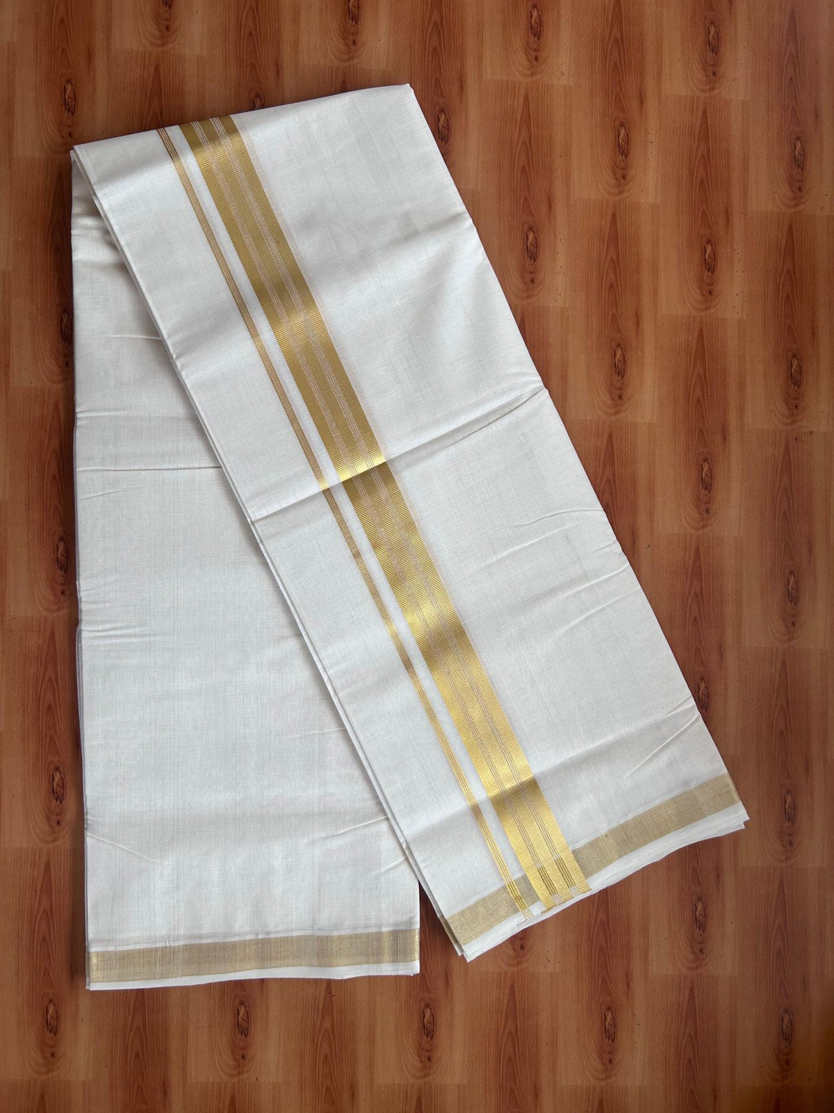 Off White (Unbleached) Double Mundu/Dhoti - 25% Discount! KaithariKada Handloom Millpaav - Kerala Handloom - 100% Pure Cotton - 80x90 - 1.5 inch Gold Kasav striped Kara 4 Meters (8.5 Muzham) - 38 KK5508 RAM