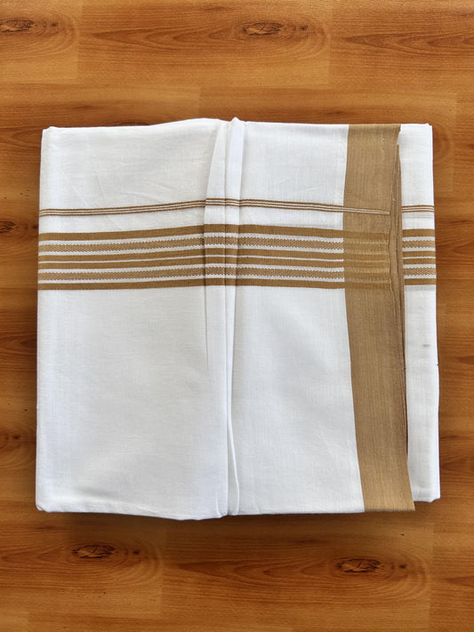 Double Pure white Mundu/Dhoti- 20% Discount! KaithariKada Balaramapuram 100% Cotton  - 100X80 - 1.5 inch Brownish Yellow  Shaded Striped kara - 3.90 mtr (8 muzham) - 10 KK5444 VIN