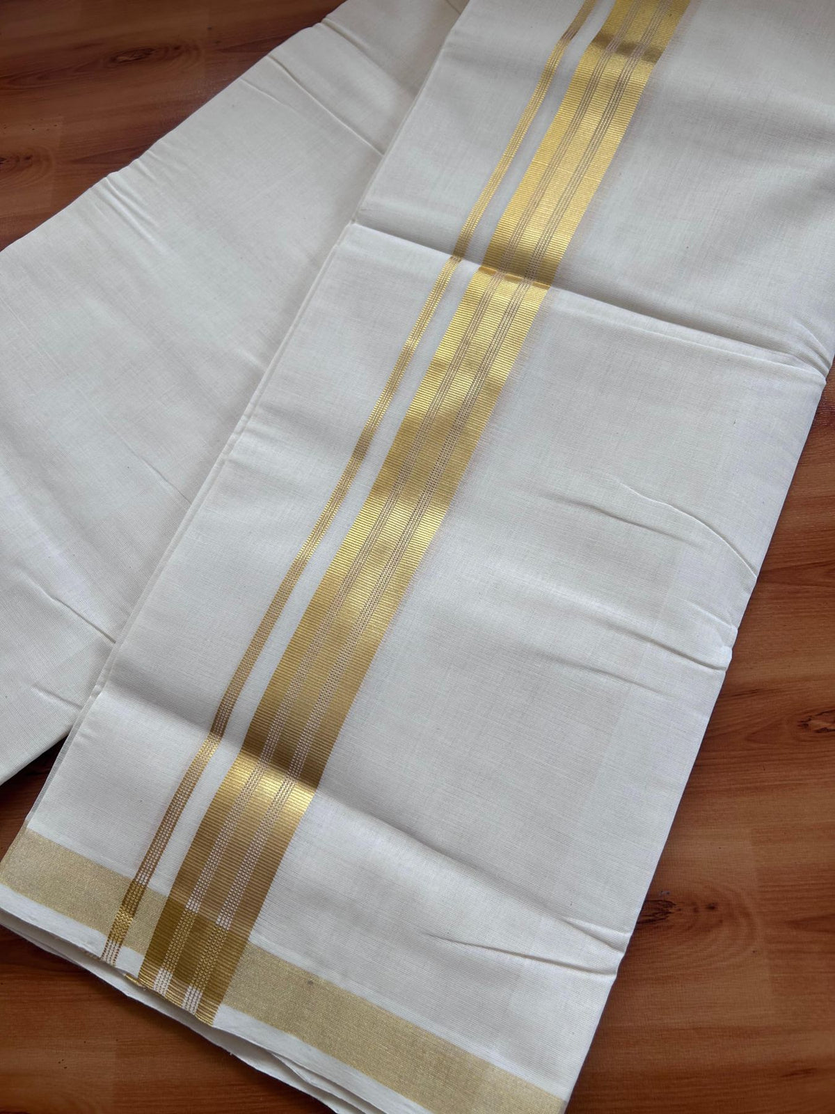 Off White (Unbleached) Double Mundu/Dhoti - 25% Discount! KaithariKada Handloom Millpaav - Kerala Handloom - 100% Pure Cotton - 80x90 - 1.5 inch Gold Kasav striped Kara 4 Meters (8.5 Muzham) - 38 KK5508 RAM