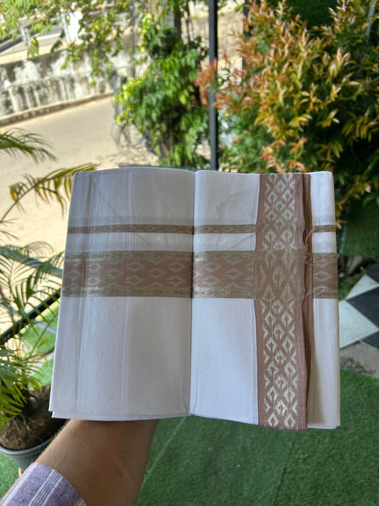 20% Discount ! KaithariKada Balaramapuram 100% Pure Cotton Single Pure White Mundu/Dhoti - 70X30 - 1.75 inch Silver Kasav & Dusty Peach Jacquard Design kara 1.90 mtr (4 Muzham) - 10 KK5360 CJT