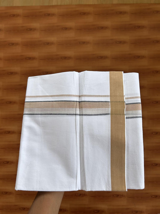 Single Mundu/Dhoti  - Pure White - 29% Discount !! KaithariKada Balaramapuram 100% Cotton - Twisted 60s Thread -1 Inch Silver Kasav & Black & Peach Brown Shaded Kara (2 meter / 4 muzham) - 49 KK5393 GL
