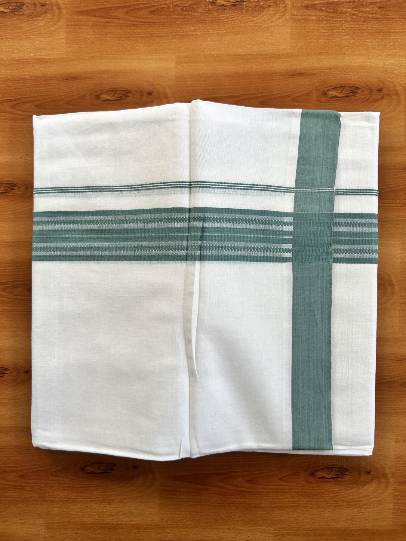 Double Pure white Mundu/Dhoti- 20% Discount! KaithariKada Balaramapuram 100% Cotton  - 100X80 - 1.5 inch Teal Green Shaded Striped kara - 3.90 mtr (8 muzham) - 6 KK5444 VIN