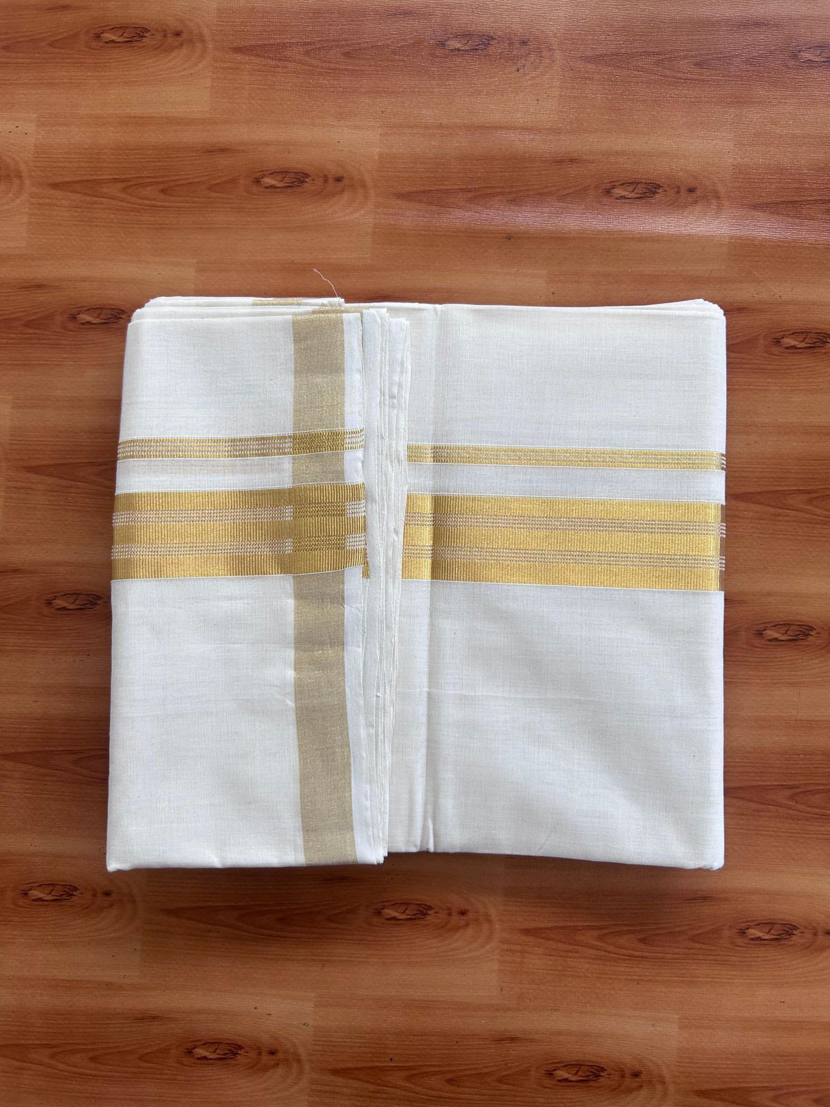 Off White (Unbleached) Double Mundu/Dhoti - 25% Discount! KaithariKada Handloom Millpaav - Kerala Handloom - 100% Pure Cotton - 80x90 - 1.5 inch Gold Kasav striped Kara 4 Meters (8.5 Muzham) - 39 KK5508 RAM
