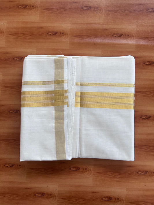 Off White (Unbleached) Double Mundu/Dhoti - 25% Discount! KaithariKada Handloom Millpaav - Kerala Handloom - 100% Pure Cotton - 80x90 - 1.5 inch Gold Kasav striped Kara 4 Meters (8.5 Muzham) - 39 KK5508 RAM
