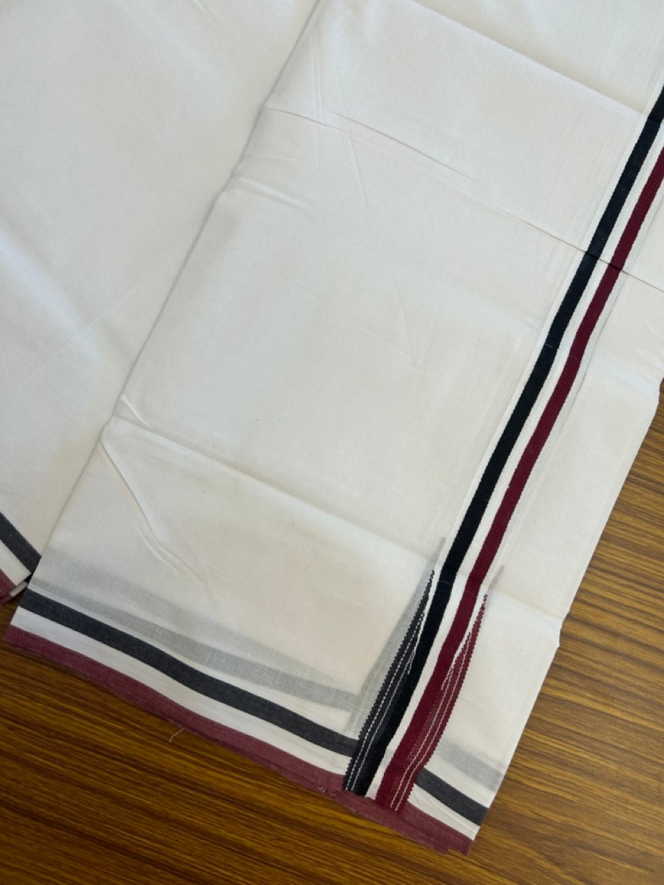 ADMK VESTHI 20% DISCOUNT ! KaithariKada Balaramapuram 100% Cotton Pure White Double Mundu/Dhoti- 100X100- 1.25 Inch  Puliyilakkara Maroon & Black Chutty Kara - 31 KK5297 ASH