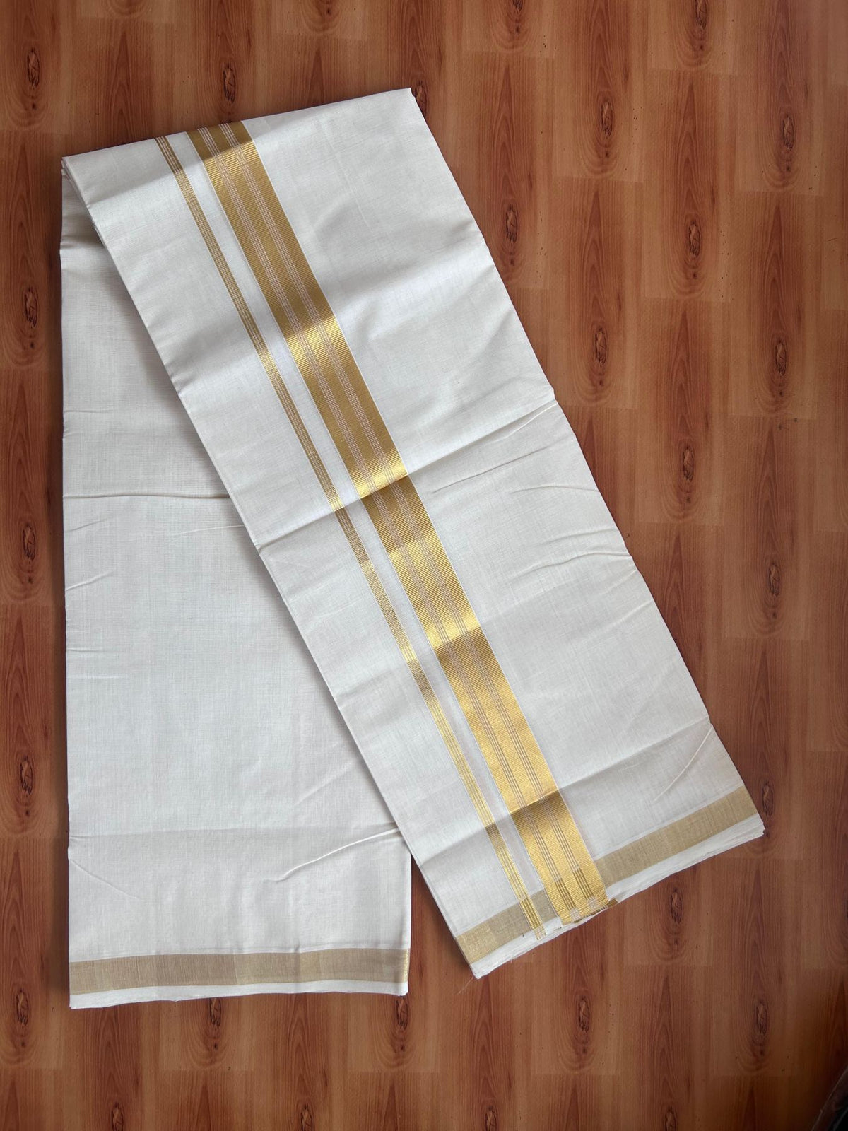 Off White (Unbleached) Double Mundu/Dhoti - 25% Discount! KaithariKada Handloom Millpaav - Kerala Handloom - 100% Pure Cotton - 80x90 - 1.5 inch Gold Kasav striped Kara 4 Meters (8.5 Muzham) - 39 KK5508 RAM