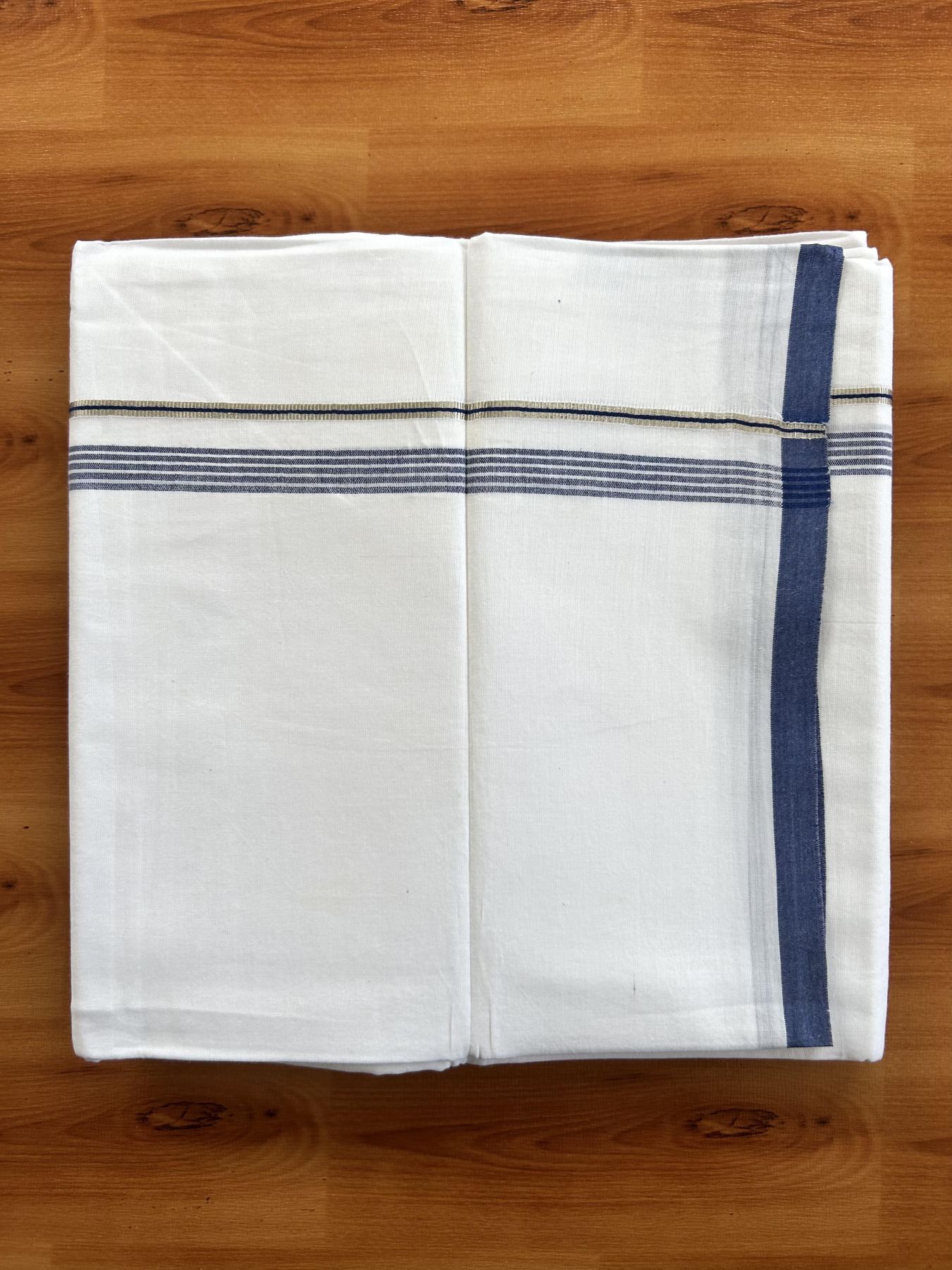 Double Pure white Mundu/Dhoti-  20% Discount ! KaithariKada Balaramapuram Pure Cotton - 100x80 - 0.5 inch Silver Kasav & Blue Shaded striped Kara - 3.90 m (8 muzham) - 32 KK5444 VIN
