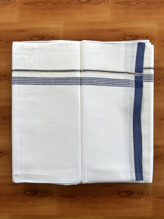 Double Pure white Mundu/Dhoti-  20% Discount ! KaithariKada Balaramapuram Pure Cotton - 100x80 - 0.5 inch Silver Kasav & Blue Shaded striped Kara - 3.90 m (8 muzham) - 32 KK5444 VIN