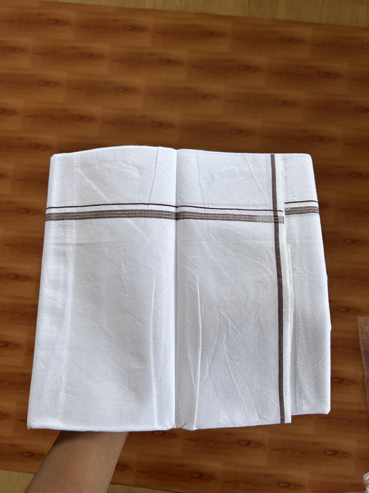 Single Mundu/Dhoti  - Pure White - 29% Discount !! KaithariKada Balaramapuram 100% Cotton - Twisted 60s Thread - 0.5 Cm Silver Kasav & Brown Shaded Striped Kara (2 meter / 4 muzham) - 46 KK5393 GL