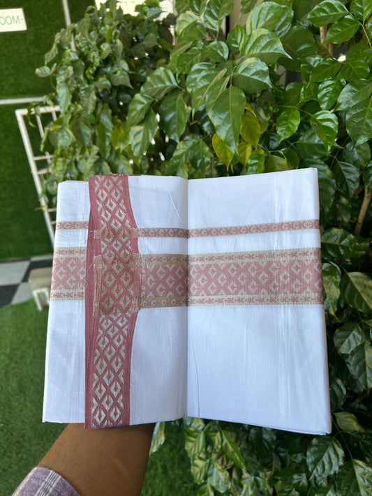 20% Discount ! KaithariKada Balaramapuram 100% Pure Cotton Single Pure White Mundu/Dhoti - 70X30 - 1.5 inch Silver Kasav & Peach Pink Jacquard Design kara 1.90 mtr (4 Muzham) - 4 KK5360 CJT