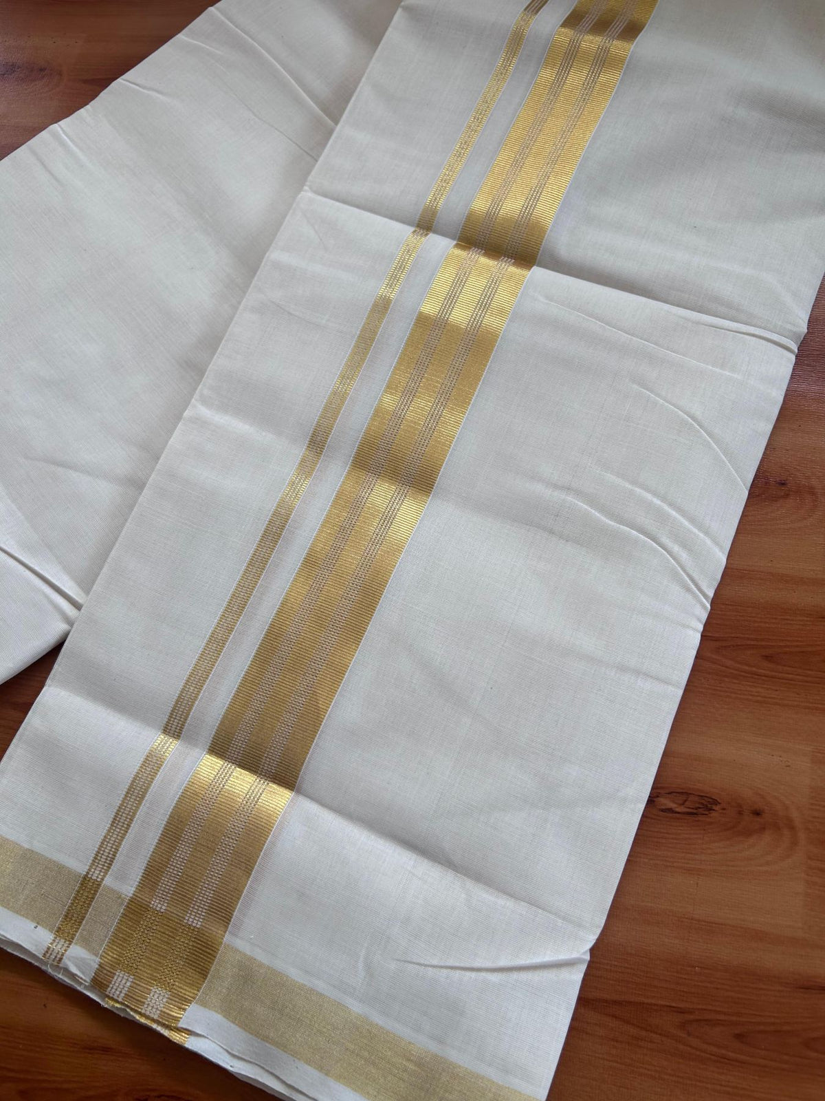 Off White (Unbleached) Double Mundu/Dhoti - 25% Discount! KaithariKada Handloom Millpaav - Kerala Handloom - 100% Pure Cotton - 80x90 - 1.5 inch Gold Kasav striped Kara 4 Meters (8.5 Muzham) - 39 KK5508 RAM