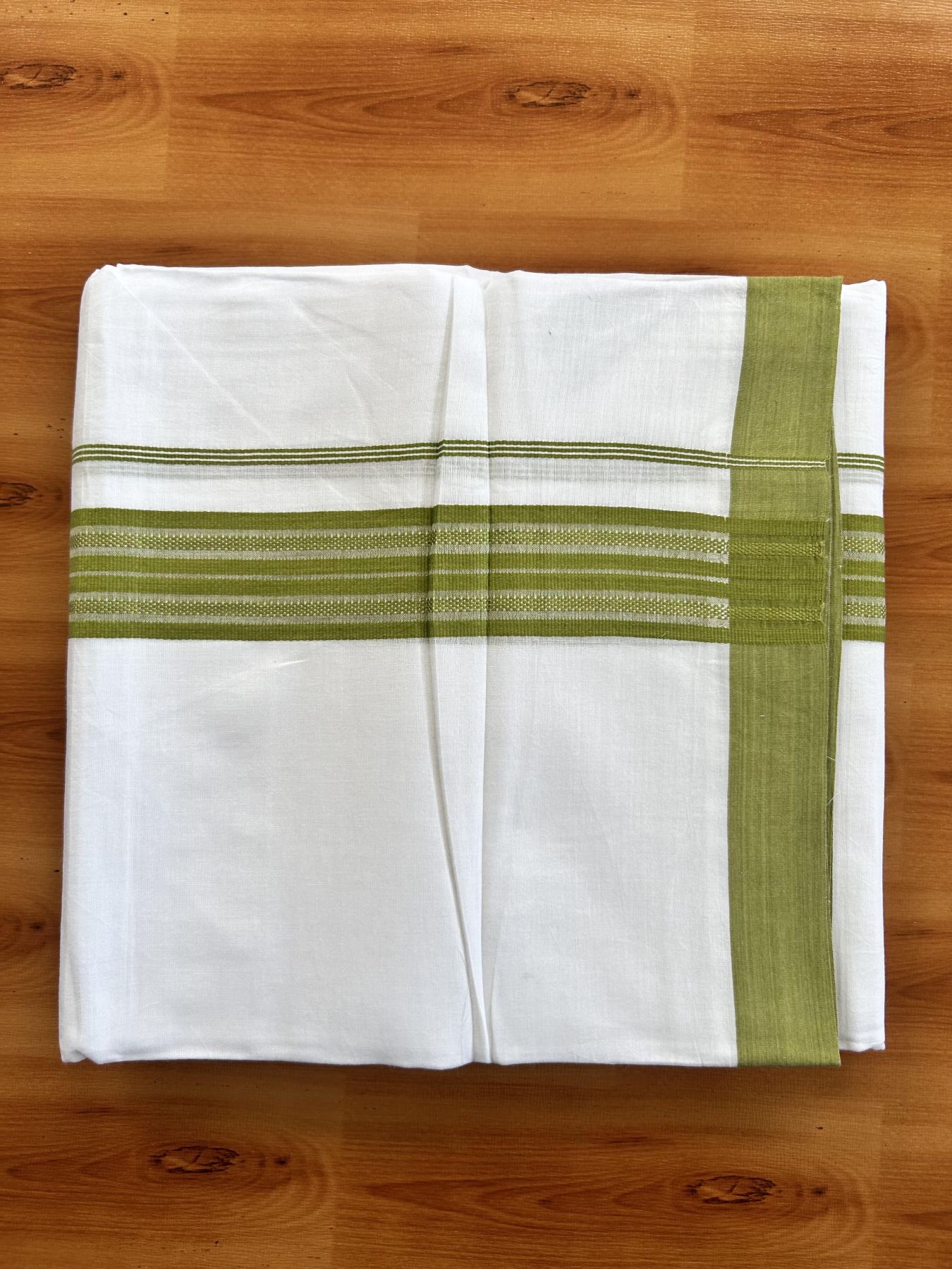 Double Pure white Mundu/Dhoti- 20% Discount! KaithariKada Balaramapuram 100% Cotton  - 100X80 - 1.5 inch Parrot Green Shaded Striped kara - 3.90 mtr (8 muzham) - 7 KK5444 VIN