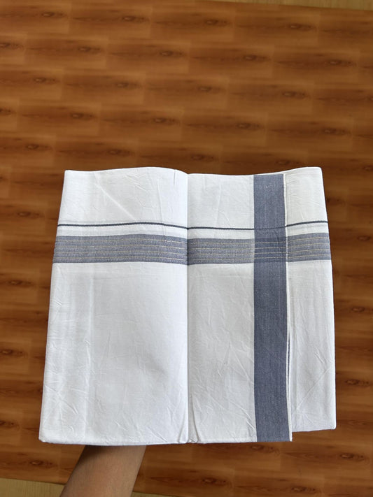 Single Mundu/Dhoti  - Pure White - 29% Discount !! KaithariKada Balaramapuram 100% Cotton - Twisted 60s Thread -1 Inch Silver Kasav & Greyish Blue Shaded Striped Kara (2 meter / 4 muzham) - 43 KK5393 GL