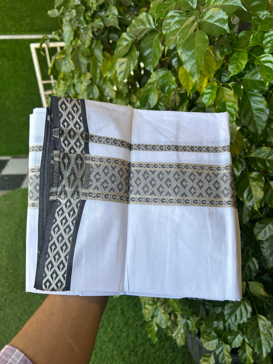 20% Discount ! KaithariKada Balaramapuram 100% Pure Cotton Single Pure White Mundu/Dhoti - 70X30 - 1.5 inch Silver Kasav & Black Jacquard Design Dual kara 1.90 mtr (4 Muzham) - 7 KK5360 CJT