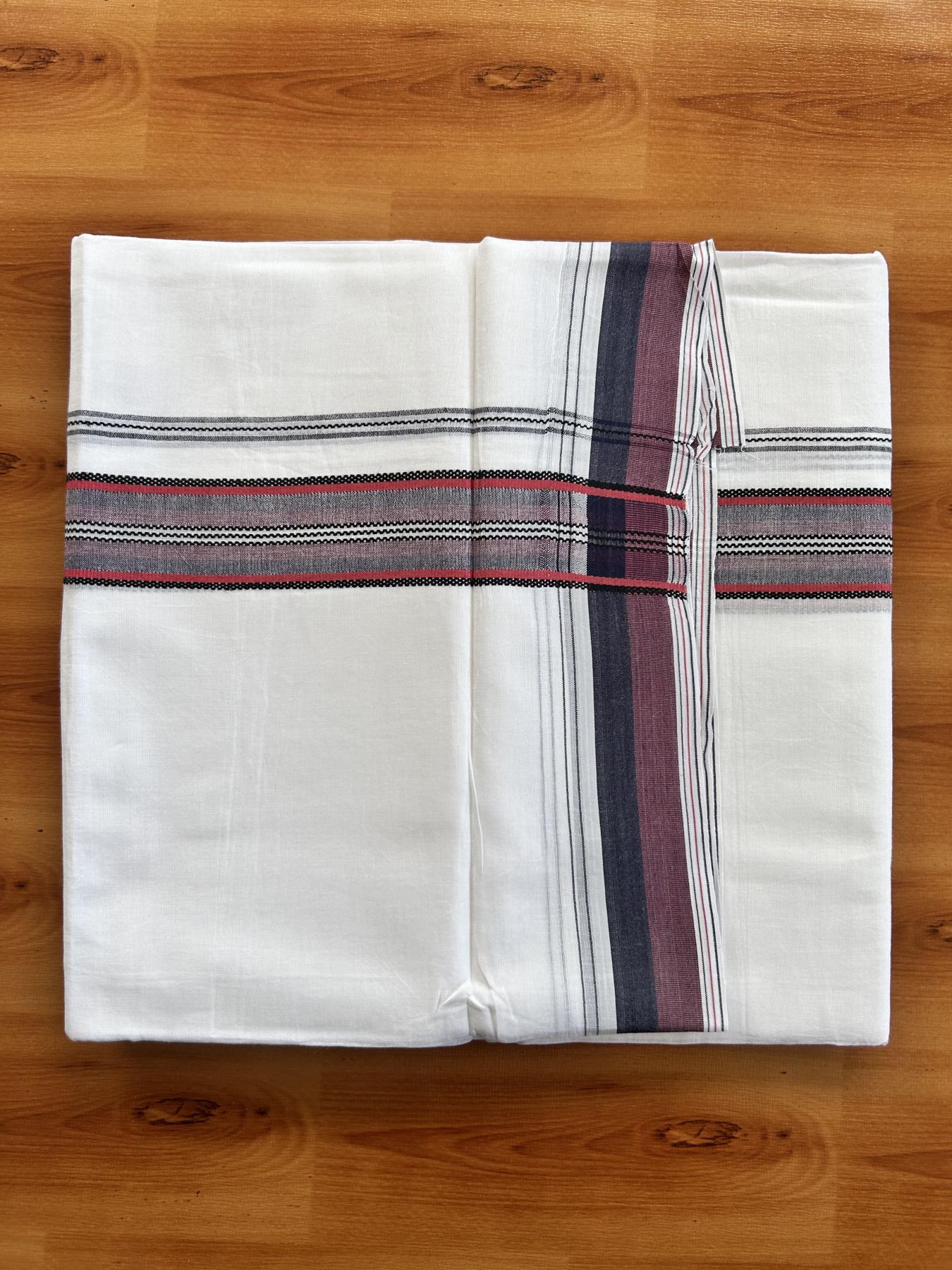 Double Pure white Mundu/Dhoti- 20% Discount! KaithariKada Balaramapuram 100% Cotton  - 100X80 - 1.25 inch Reddish Pink & Black Shaded Design Striped kara - 3.90 mtr (8 muzham) - 18 KK5444 VIN