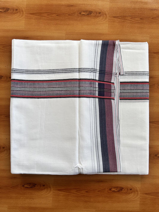 Double Pure white Mundu/Dhoti- 20% Discount! KaithariKada Balaramapuram 100% Cotton  - 100X80 - 1.25 inch Reddish Pink & Black Shaded Design Striped kara - 3.90 mtr (8 muzham) - 18 KK5444 VIN