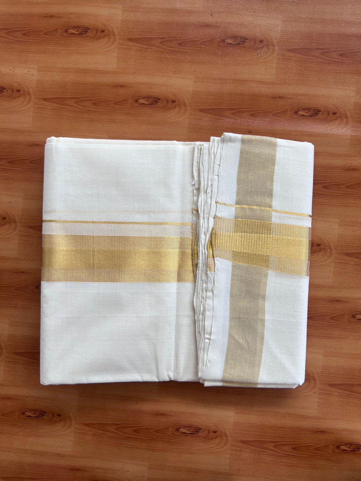 Off White (Unbleached) Double Mundu/Dhoti - 25% Discount! KaithariKada Handloom Millpaav - Kerala Handloom - 100% Pure Cotton - 80x90 - 1.75 inch Gold Kasav striped Kara 4 Meters (8.5 Muzham) - 40 KK5508 RAM
