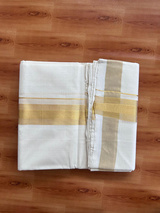 Off White (Unbleached) Double Mundu/Dhoti - 25% Discount! KaithariKada Handloom Millpaav - Kerala Handloom - 100% Pure Cotton - 80x90 - 1.75 inch Gold Kasav striped Kara 4 Meters (8.5 Muzham) - 40 KK5508 RAM