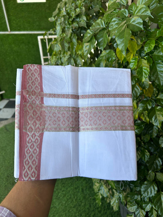 20% Discount ! KaithariKada Balaramapuram 100% Pure Cotton Single Pure White Mundu/Dhoti - 70X30 - 1.5 inch Silver Kasav & Peach Pink Jacquard Design Dual kara 1.90 mtr (4 Muzham) - 5 KK5360 CJT