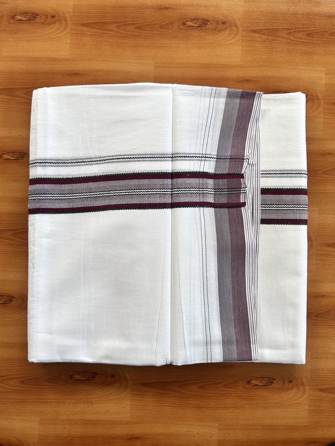 Double Pure white Mundu/Dhoti- 20% Discount! KaithariKada Balaramapuram 100% Cotton  - 100X80 - 1.25 inch Burgundy & Black Shaded Design Striped kara - 3.90 mtr (8 muzham) - 15 KK5444 VIN