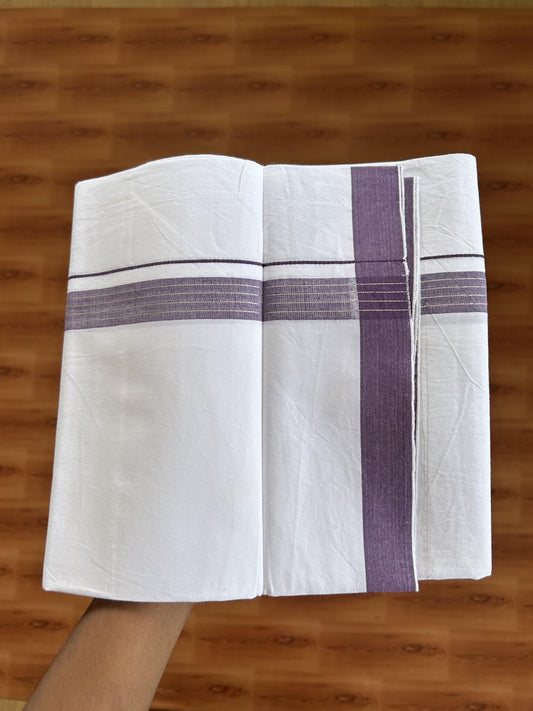 Single Mundu/Dhoti  - Pure White - 29% Discount !! KaithariKada Balaramapuram 100% Cotton - Twisted 60s Thread -1 Inch Silver Kasav & Purple Shaded Striped Kara (2 meter / 4 muzham) - 42 KK5393 GL