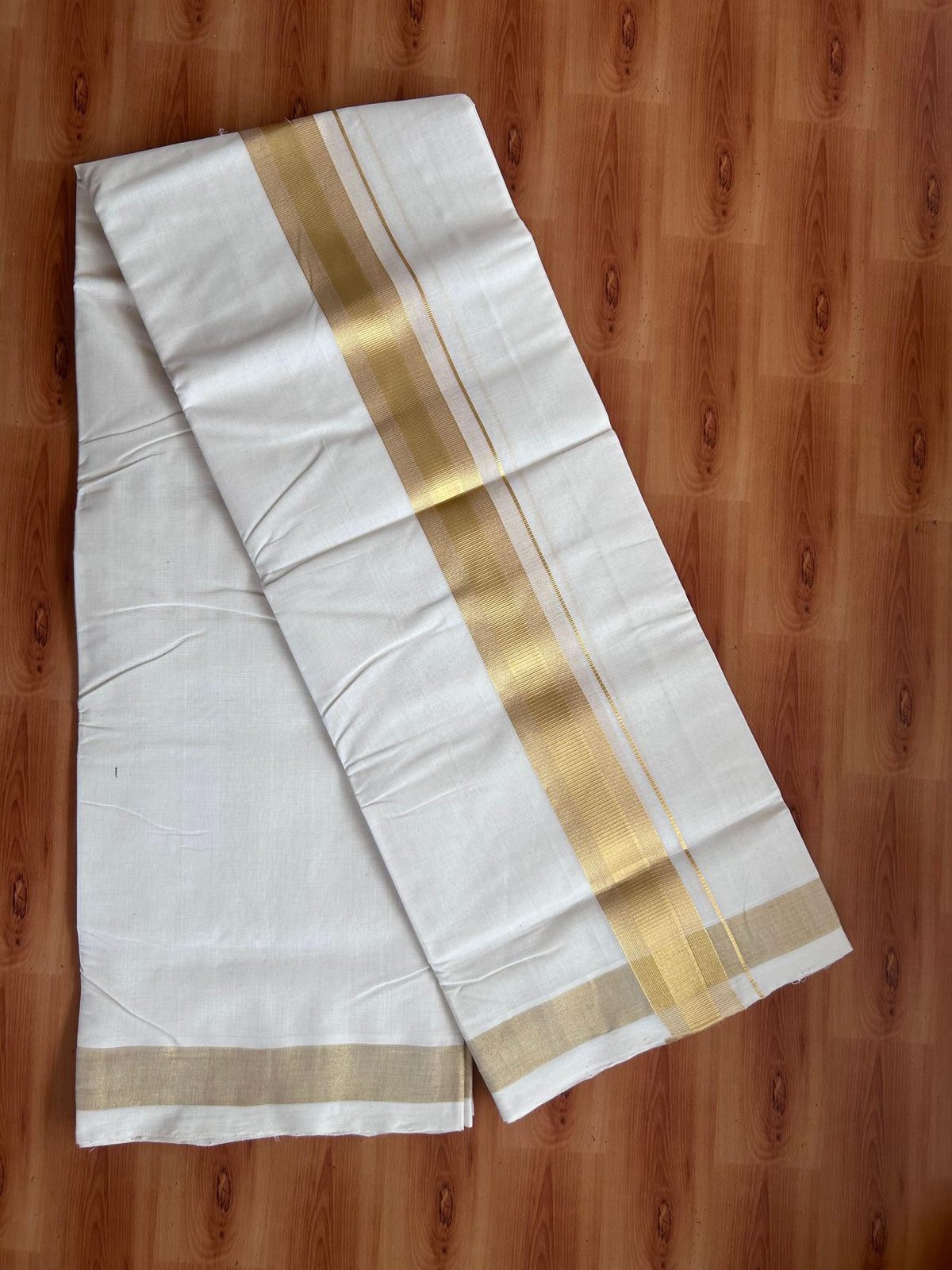 Off White (Unbleached) Double Mundu/Dhoti - 25% Discount! KaithariKada Handloom Millpaav - Kerala Handloom - 100% Pure Cotton - 80x90 - 1.75 inch Gold Kasav striped Kara 4 Meters (8.5 Muzham) - 40 KK5508 RAM