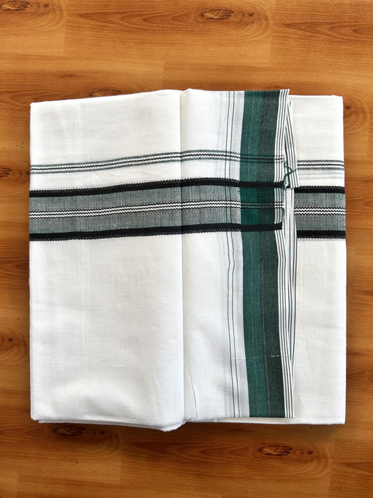 Double Pure white Mundu/Dhoti- 20% Discount! KaithariKada Balaramapuram 100% Cotton  - 100X80 - 1.25 inch Light Green & Black Shaded Design Striped kara - 3.90 mtr (8 muzham) - 13 KK5444 VIN