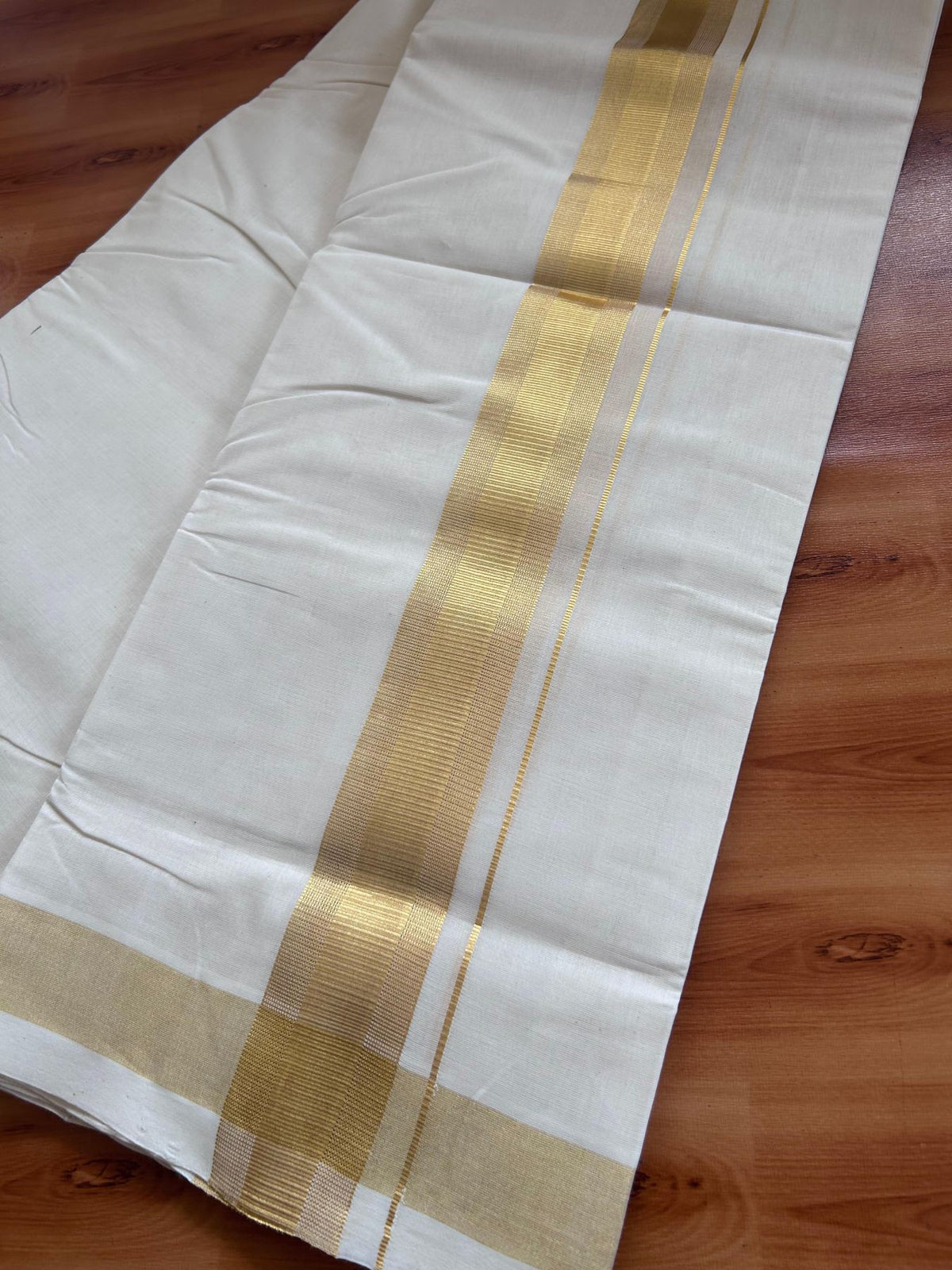 Off White (Unbleached) Double Mundu/Dhoti - 25% Discount! KaithariKada Handloom Millpaav - Kerala Handloom - 100% Pure Cotton - 80x90 - 1.75 inch Gold Kasav striped Kara 4 Meters (8.5 Muzham) - 40 KK5508 RAM