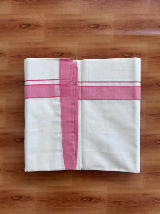 Off White (Unbleached) Double Mundu/Dhoti - 25% Discount! KaithariKada Handloom Millpaav - Kerala Handloom - 100% Pure Cotton - 80x90 - 1.25 inch Rose Pink shaded kara 4 Meters (8.5 Muzham) - 50 KK5508 RAM