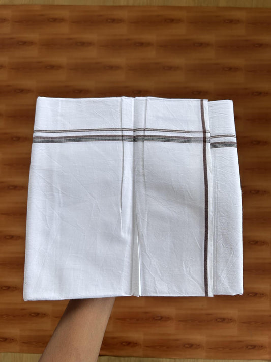 Single Mundu/Dhoti  - Pure White - 29% Discount !! KaithariKada Balaramapuram 100% Cotton - Twisted 60s Thread - 0.5 Cm Silver Kasav & Black & Brown Shaded Striped Kara (2 meter / 4 muzham) - 62 KK5393 GL