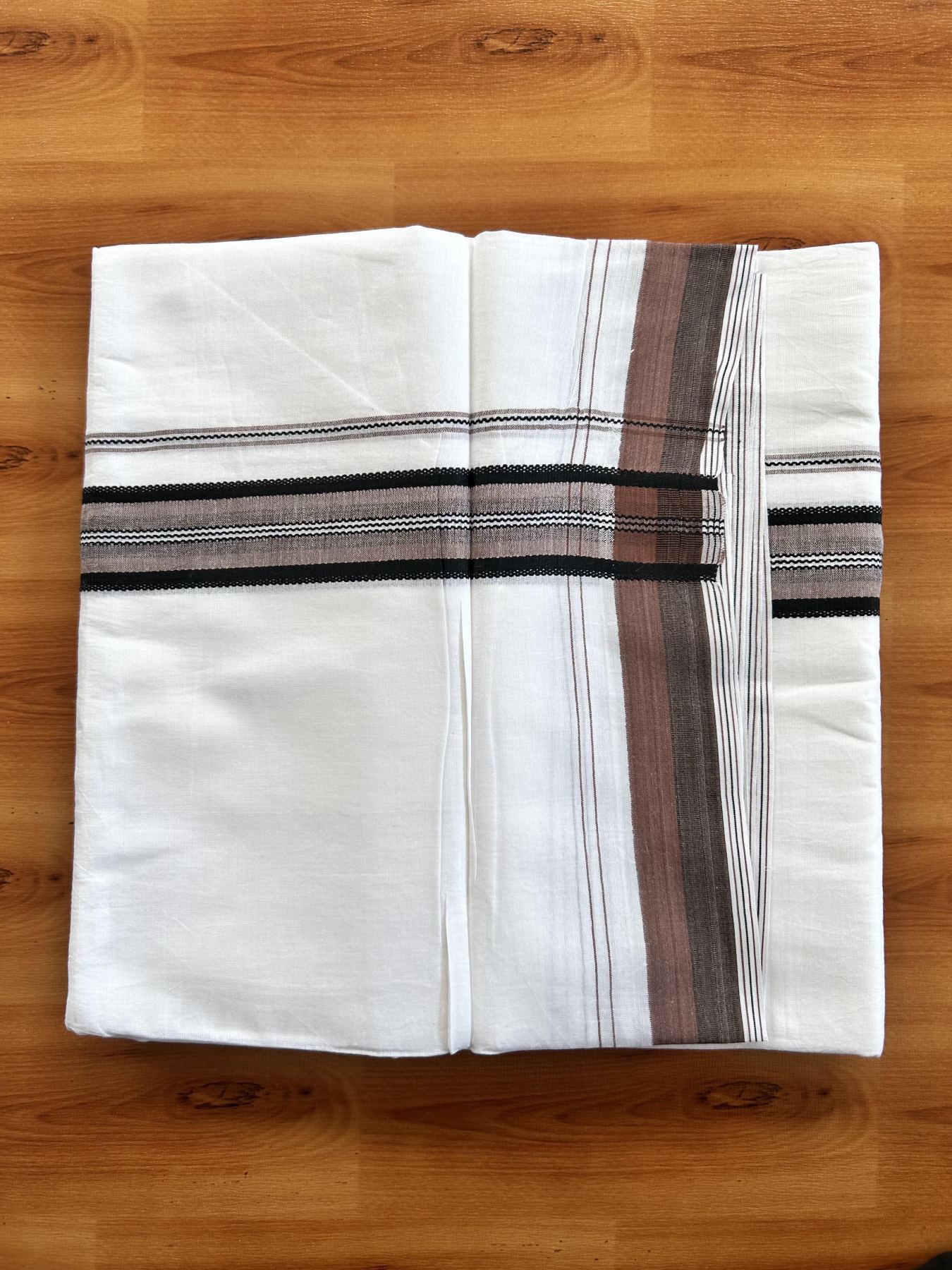 Double Pure white Mundu/Dhoti- 20% Discount! KaithariKada Balaramapuram 100% Cotton  - 100X80 - 1.25 inch Peach Brown & Black Shaded Design Striped kara - 3.90 mtr (8 muzham) - 16 KK5444 VIN