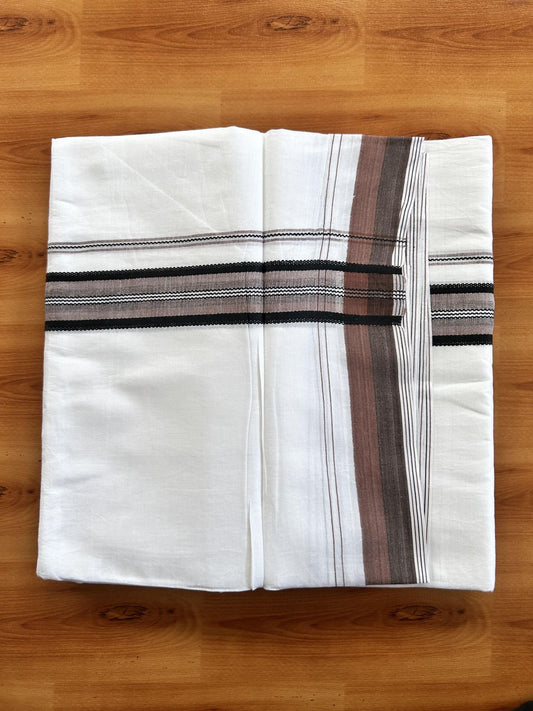 Double Pure white Mundu/Dhoti- 20% Discount! KaithariKada Balaramapuram 100% Cotton  - 100X80 - 1.25 inch Peach Brown & Black Shaded Design Striped kara - 3.90 mtr (8 muzham) - 16 KK5444 VIN