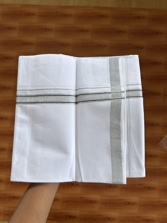 Single Mundu/Dhoti  - Pure white - 29% Discount !! KaithariKada Balaramapuram 100% Cotton - Twisted 60s Thread- 0.25 Inch Silver Kasav Black Striped Kara (2 meter / 4 muzham) - 57 KK5393 GL
