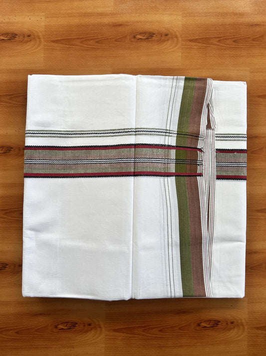 Double Pure white Mundu/Dhoti- 20% Discount! KaithariKada Balaramapuram 100% Cotton  - 100X80 - 1.25 inch Maroon & Olive Green & Black Shaded Design Striped kara - 3.90 mtr (8 muzham) - 17 KK5444 VIN