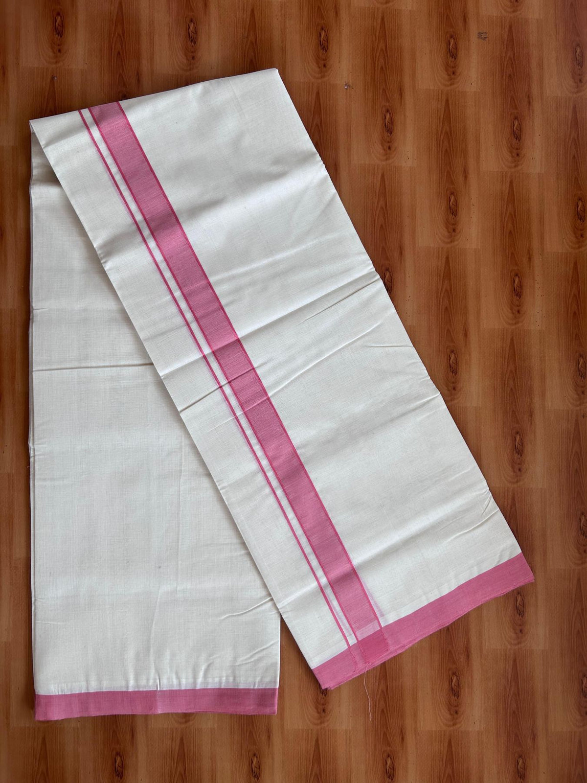 Off White (Unbleached) Double Mundu/Dhoti - 25% Discount! KaithariKada Handloom Millpaav - Kerala Handloom - 100% Pure Cotton - 80x90 - 1.25 inch Rose Pink shaded kara 4 Meters (8.5 Muzham) - 50 KK5508 RAM