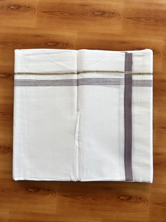 Double Pure white Mundu/Dhoti-  20% Discount ! KaithariKada Balaramapuram Pure Cotton - 100x80 - 0.5 inch Silver Kasav & Greyish Purple Shaded Striped Kara - 3.90 m (8 muzham) - 34 KK5444 VIN