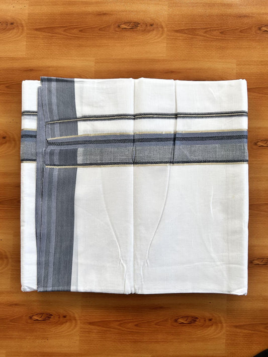 Double Pure White Mundu/Dhoti - 20% Discount ! KaithariKada Balaramapuram 100% Cotton - 100x80 - 1.5 inch Silver Kasav & Greyish Blue & Black Shaded Striped Kara 3.90 Mtr (8 muzham) - 36 KK5444 VIN