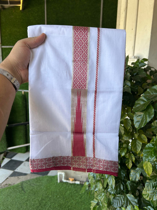 20% Discount ! KaithariKada Balaramapuram 100% Pure Cotton Double Pure White Mundu/Dhoti - 100x80 - 1.75 inch Puliyilakkara Silver Kasav & Rose Pink Jacquard Design Chutty kara 3.90 mtr (8 Muzham) - 2 KK5360 CJT