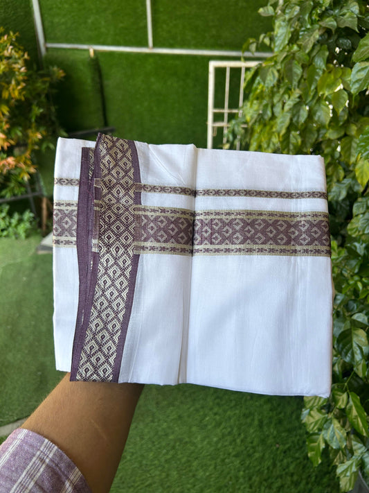 20% Discount ! KaithariKada Balaramapuram 100% Pure Cotton Double Pure White Mundu/Dhoti - 100x80 - 1.75 inch Silver Kasav & Grape Wine Jacquard Design Dual kara 3.90 mtr (8 Muzham) - 1 KK5360 CJT