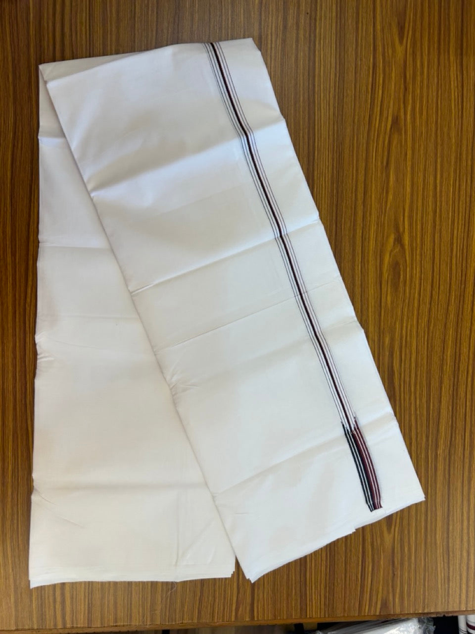 ADMK VESTHI 20% DISCOUNT ! KaithariKada Balaramapuram 100% Cotton Pure White Double Mundu/Dhoti- 100X100- 0.75 Inch  Puliyilakkara 6 Line Maroon & Black Chutty Kara - 15 KK5297 ASH